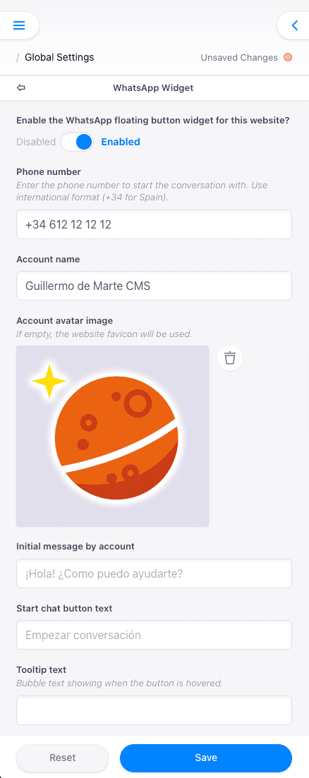 Barra lateral amb WhatsApp activat