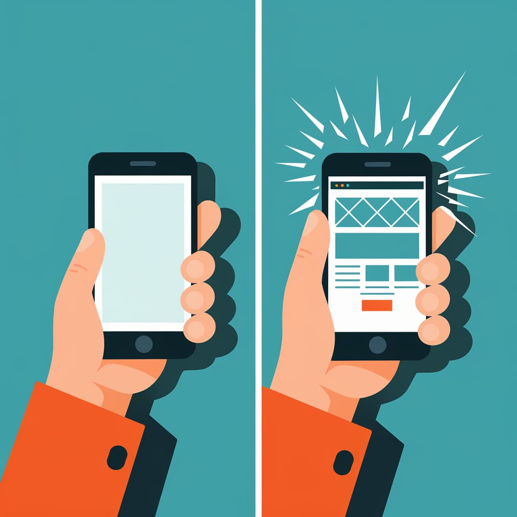 A l'esquerra, un smartphone buit, i a la dreta, un smartphone que acaba de carregar una pàgina
