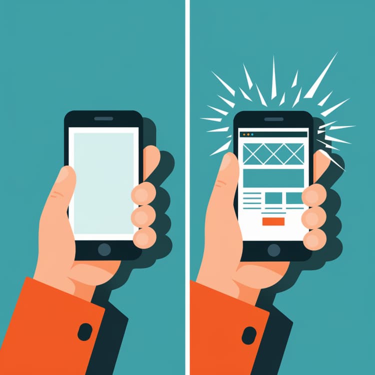 A l'esquerra, un smartphone buit, i a la dreta, un smartphone que acaba de carregar una pàgina